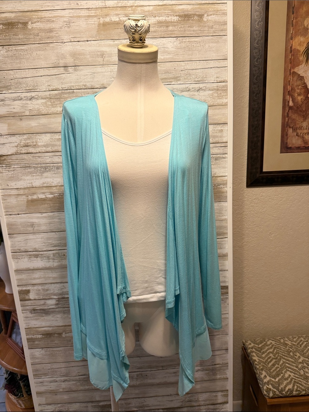 Light weight turquoise open front tunic length cardigan size medium